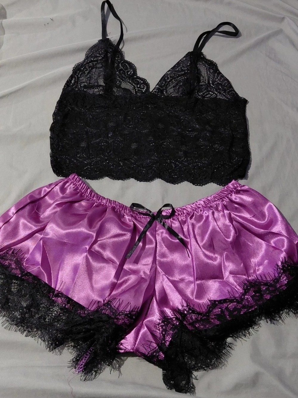 Black Lace Bralette & Purple Satin Shorts Sleep Set